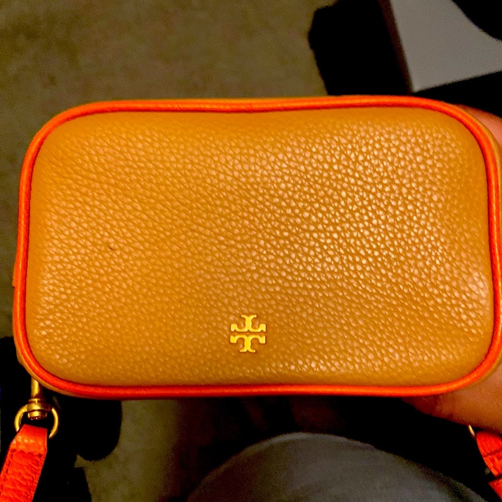 Tan and Orange camera Tory Burch crossbody bag, small holds small wallet